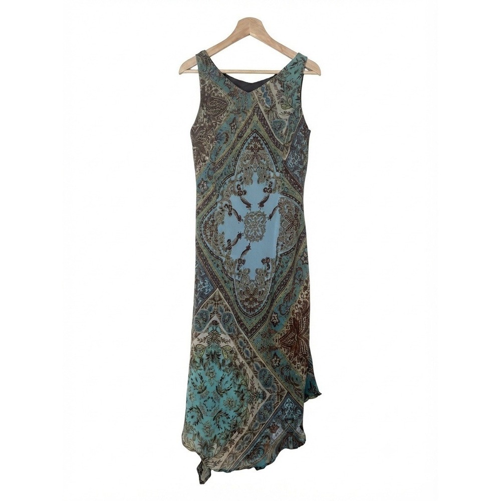 Vintage Y2K KARI New York Boho Paisley Maxi Dress Lined Scarf Print Size 14